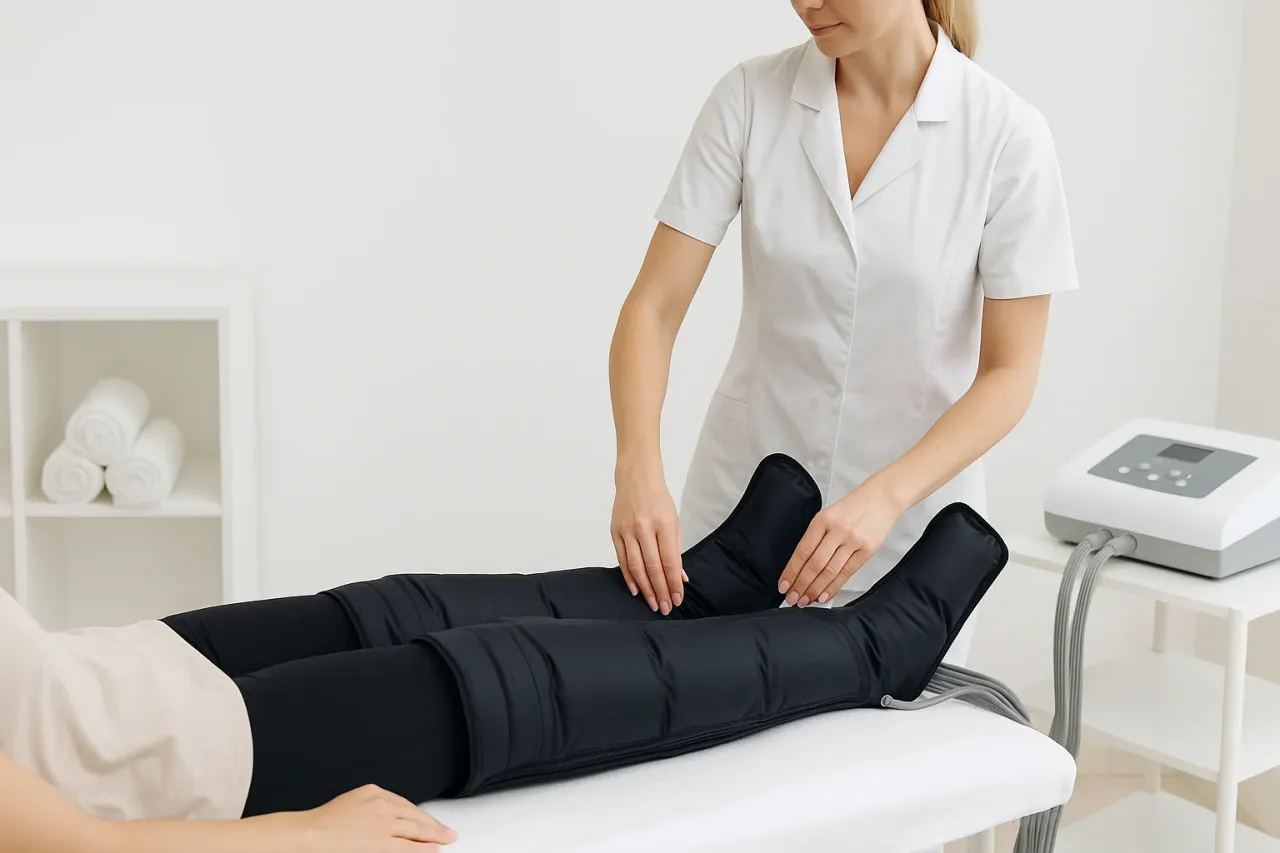 Μπότες πρεσσοθεραπείας στα πόδια ασθενούς